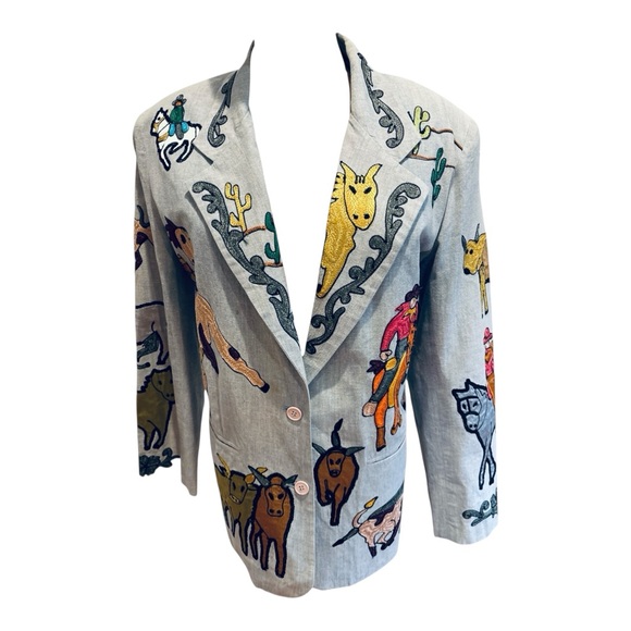 90s SANDY STARKMAN COTTON CHAMBRAY EMBROIDERED WESTERN COWGIRL THEME BLAZER SZ L - Picture 5 of 10
